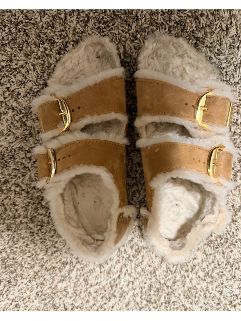 Birkenstock Tan Suede Shearling-Lined Clogs with Gold Buckles